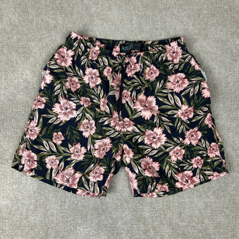 Refinery Republic Swim Shorts Men Medium Blue Floral Mesh Lined Drawstring Beach
